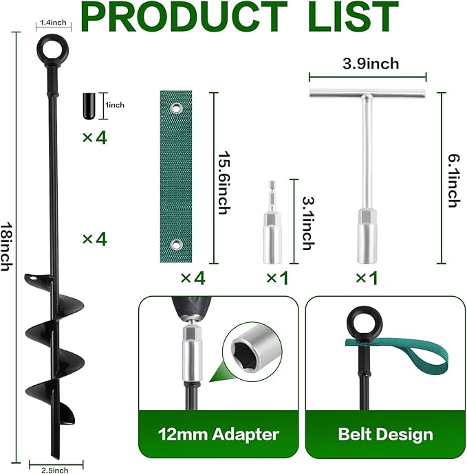 18-Inch Ground Anchors Screw in Heavy Duty, 4 Pack Shed Anchor Kit with Wrenches and Straps, High Wind Trampoline Anchors & Stakes for Swing Sets, Camping Tent, Carport, Plants, Mobile Home