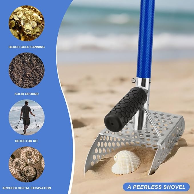 Sand Scoop with Long Carbon Fiber Handle,Heavy Duty Stainless Steel Metal Detecting Sand Scoop,Beach Metal Detecting Shovel for Underwater Treasure Hunting,Beach Sand Sifter Scoop(scoop4)