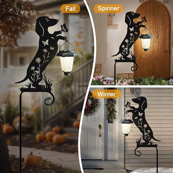 Metal Silhouette Dachshund with Solar Lanter Garden Stake,Outside Decorations for Yard,Solar Lights for Pathway,Gifts for Women