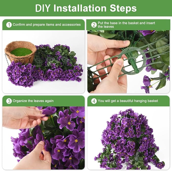 INQCMY Artificial Hanging Flowers Basket for Outdoor Summer Decoration,4pcs Faux Silk Begonia in Planter Look Real UV Resistant for Outside Home Porch Patio Balcony Yard Decor(Purple)