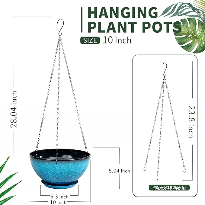 2 Pack 10 inch Hanging Planters, Plastic Hanging Plant Pots with Drainage Hole and Chain, Hanging Flower Pots for Outdoor Indoor Plants (Blue)