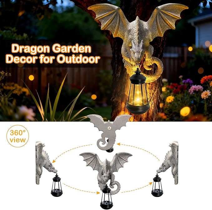 Dragon Tree Hugger Garden Statue - 9.8 Inch Resin Dragon Wall Hanger Sculptures Decor with Solar Lantern Lights, Outdoor Waterproof for Balcony Wall Porch Yard, Gifts for Mom Women Grandma Christmas