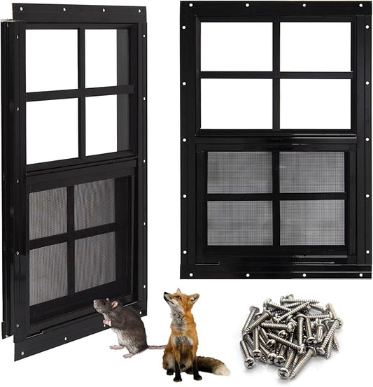NeatiEase Upgraded Shed Windows 2 Pack, 18" x 27" Windows with Tempered Glass and Stainless Steel Screen for Shed, Chicken Coop, Playhouse, Household, Garage(Black)