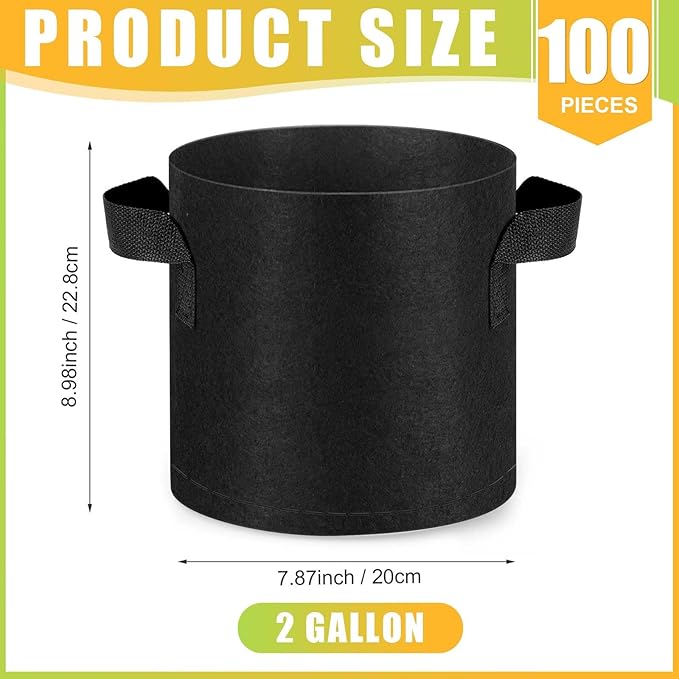 Nuanchu 100 Packs 2 Gallon Grow Bags Bulk Aeration Fabric Pot with Handles Thickened Nonwoven Garden Bags to Healthy Root Growth Vegetables Heavy Duty Grow Pots Planting Bag Planter for Flower Fruits