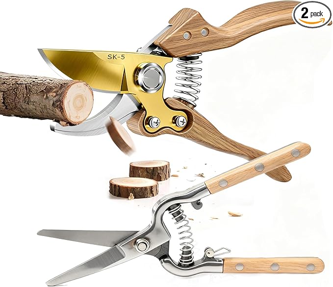 2 Pack Garden Pruning Shears, Heavy Duty Garden Scissors & Clippers for Wood & Tree Trimming, Safety Lock, for Cutting Flowers, Trimming Plants, Picking Fruits (Gold)