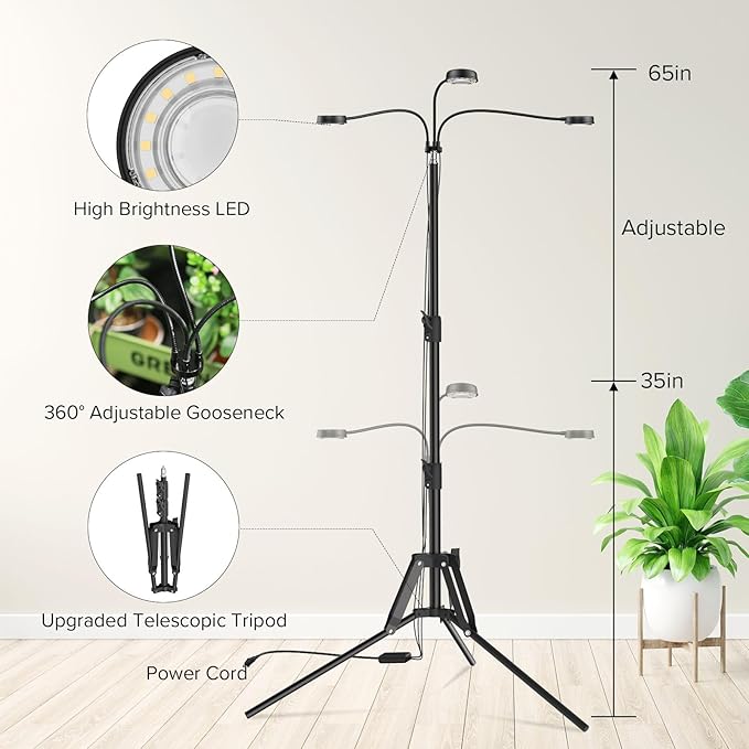 SANSI Grow Lights for Indoor Plants, Dimmable 30W Plant Lights for Indoor Growing, 3 Head 35"-65" Adjustable Tripod Stand Plant Grow Light Indoor Auto On/Off Timer Led Grow Lights for Indoor Plants