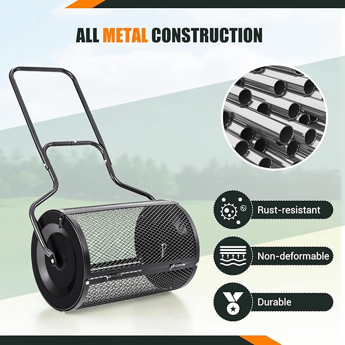 S AFSTAR 24-Inch Compost Spreader, Peat Moss Spreader with Upgrade Side Latches & U-Shape Handle, Metal Mesh Topdressing Roller for Topsoil, Fertilizer, Garden & Lawn Care Manure Spreader (Black)