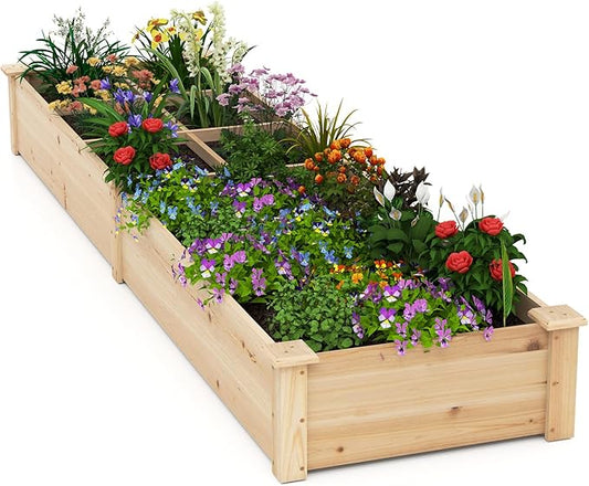 Giantex Wooden Raised Garden Bed with 2 Planter Boxes & Dividers, 90"x25"x10" Raised Bed for Flowers Vegetables Fruits Herbs Gardening Planting, Outdoor Garden Box for Patio Backyard Lawn (1)