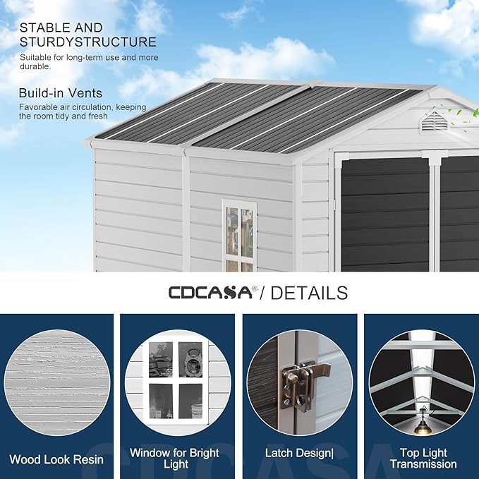 CDCASA 8x6 FT Resin Storage Shed, Large Waterproof Outdoor Sheds with Floor & Lockable Door & Vents, Outside Plastic Tool Shed for Backyard, Patio, Poolside, Cabinet