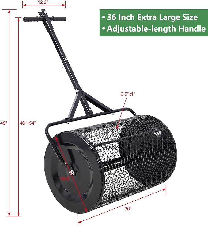 Peat Moss Spreaders for Lawns Compost Spreader Roller 36 Inch Heavy Duty Metal Mesh Dirt Topsoil Spreader for Planting Seeding Garden (36"/46"-54" L, Black)