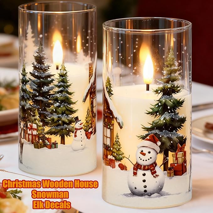 GenSwin Christmas Flameless Candles with Remote Timer, Set of 2 Christmas LED Glass Battery Operated Candles with Cedar, Snowman, Reindeer, Snowy House Decals for Holiday Winter Home Decor(D3” x H6”)