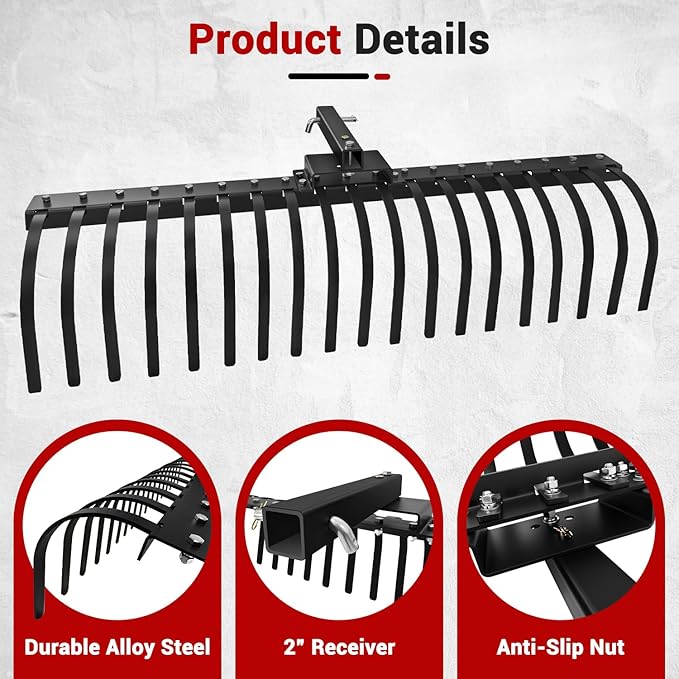 55" Durable Tow Behind Landscape Rake Tractors Rake Fits 2" Receiver for Lawn Tractors or ATV/UTV，Black