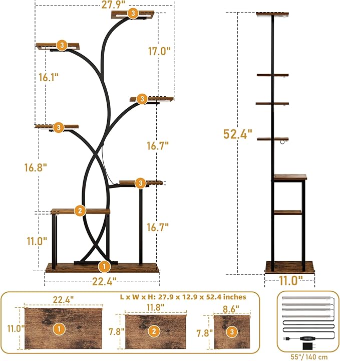 Indoor Plant Stand with 4 Grow Lights - 7 Tiered Plant Shelf for Indoor Plants, 52" Metal Corner Plant Shelves for Indoor Growing - Lighted Plant Holders for Patio, Room, Home and Balcony