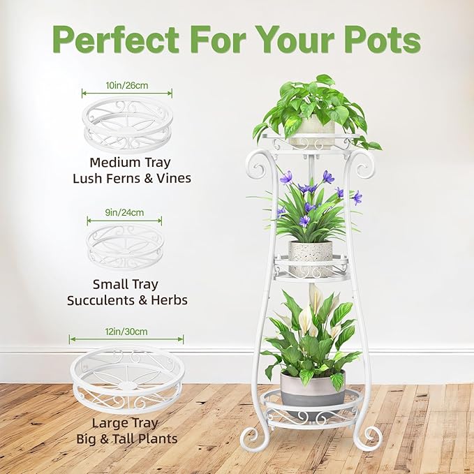 iDavosic.ly 3 Tier Metal Plant Stand Indoor Outdoor, Wrought Iron Corner Tall Flower Pot Holder Shelf, 34 Inch Vertical Heavy Duty Display Rack for Patio Porch Living Room Garden, White