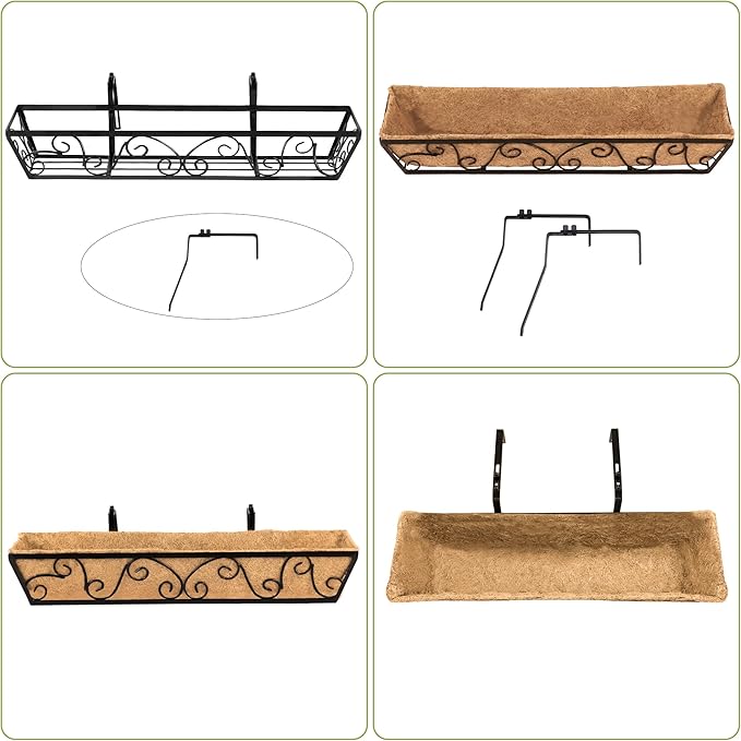 Y&M 30 Inch Butterfly Window Deck with Coco Liner, Fence Metal Hanging Flower Planter Window Basket Deck Railing Planter Boxes for Outdoor Garden Lawn 6pcs