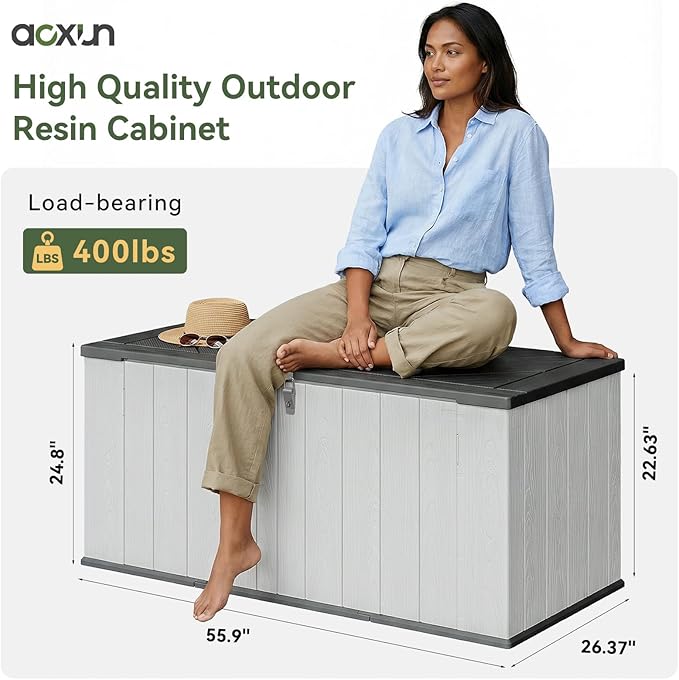 AOXUN Horizontal Storage Sheds 21 Cu.ft, HDPE Outdoor Storage Box 160 Gallon, Waterproof Lockable Resin Deck Box with Spring-Assisted Lid, Patio Storage for Garden, Pool, Cushions, Tools, White