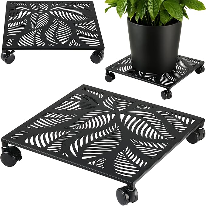 1-Pack 12 Inches Square Metal Plant Caddy with Wheels Heavy Duty Large Rolling Plant Stand Indoor Outdoor Wheeled Planter Dolly Cart with Lockable Casters Flower Pot Mover Roller Trolley, Black