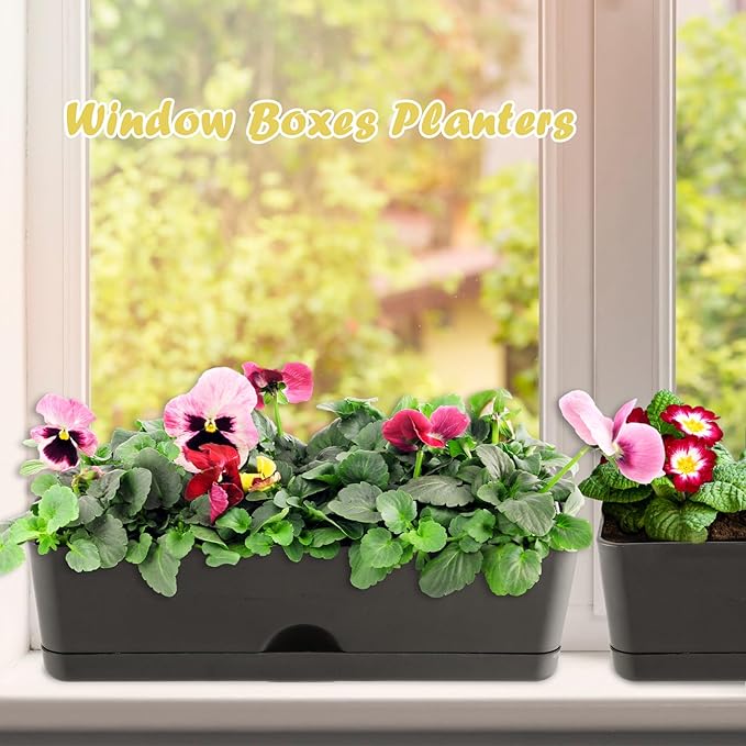 2-Pack Large Window Boxes Planters 16 Inch Rectangle Plant Box Rectangular Planters for Outdoor and Indoor Plants Plastic Windowsill Planter for Herbs Vegetable Flowers Long Window Sill Planters