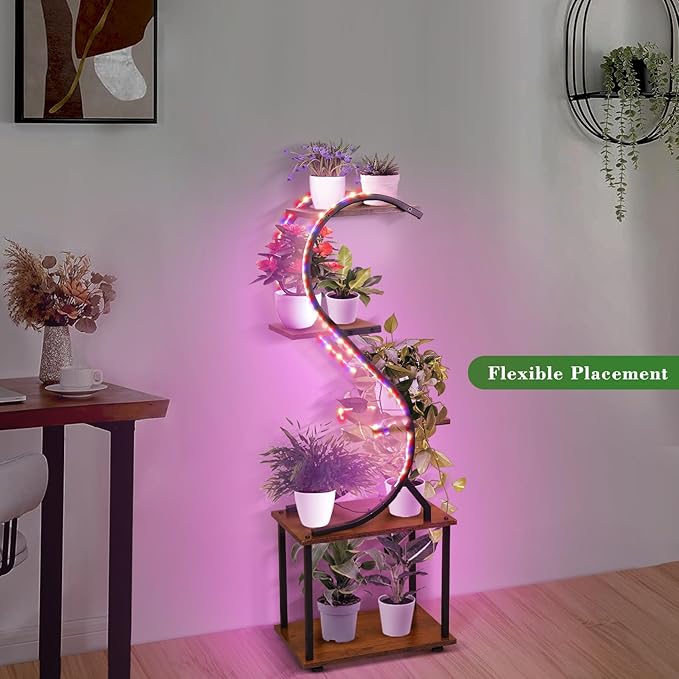 Plant Stand Indoor with Grow Lights- No Visible Cords, 43" Tall Plant Shelf Indoor, 5 Tiered Corner Plant Stands for Indoor Plants, S-Shaped Lighted Flower Holder, Sleek Wireless Design, Home Decor