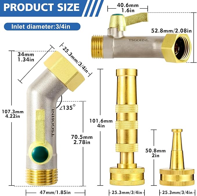 Heavy Duty Brass Garden Hose Shutoff Valve, 1 adjustable hose nozzle, 1 hose direct spray nozzle, 135-Degree Faucet Extender Adapter