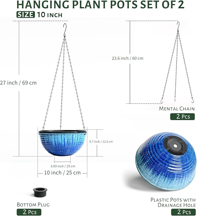 10inch Hanging Planters for Indoor and Outdoor Plants, 2 Pack Hanging Planter with Drainage Hole, Round Hanging Flower Pots for Garden Home Decor (Blue Glaze)