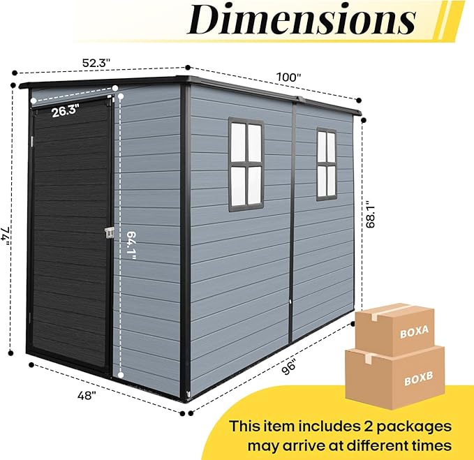 4x8ft Lean to Shed, Resin Outdoor Storage Shed with Floor and 2 Windows, Plastic Sheds & Outdoor Storage Clearance for Patio Furniture, Garden Tools Bike Accessories, Beach Chairs, Black+Grey