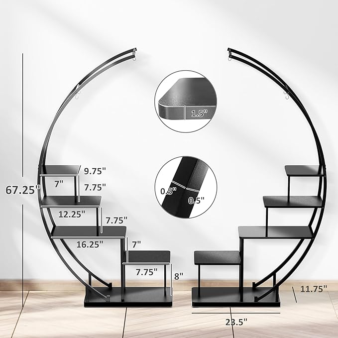 5 Tier Metal Plant Stand Indoor, 67.25“ Tall Half Moon Shape Multiple Stand Holder Shelf Planter Display, Hanging Shelf Flower Stand Ladder for Patio Garden Living Room, Black Set of 2