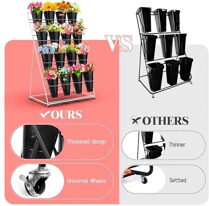 Flower Display Stand with Buckets, 4 Layers 16 PCS Buckets Plant Stand with Wheels, Movable Metal Plant Stand for Terrace Garden, Living Room, Florist Shop (White Frame - Black Buckets, 4-Tier)