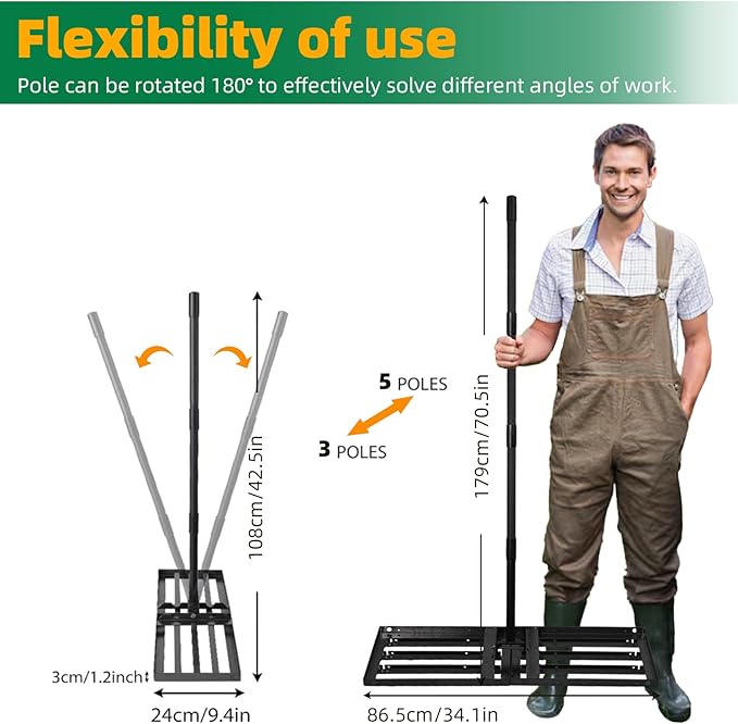 Lawn Leveling rake 34.1"x9.4" Levelawn Tool with 70.5" Adjustable Long Handle Heavy Duty Landscape Leveling Rake Lawn Leveler Yard Tool for Backyard, Golf Course, Garden, Pasture, Farm
