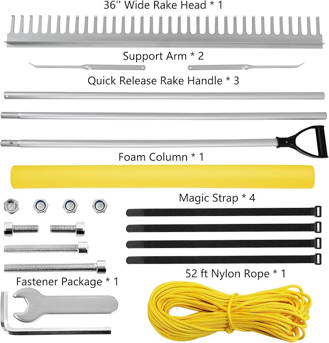 Floating Lake Rake, 36" Aluminum All Purpose Lake and Landscape Rake with 102'' Extension Handle and 52Ft Rope, Weed & Algae Removal, Yellow