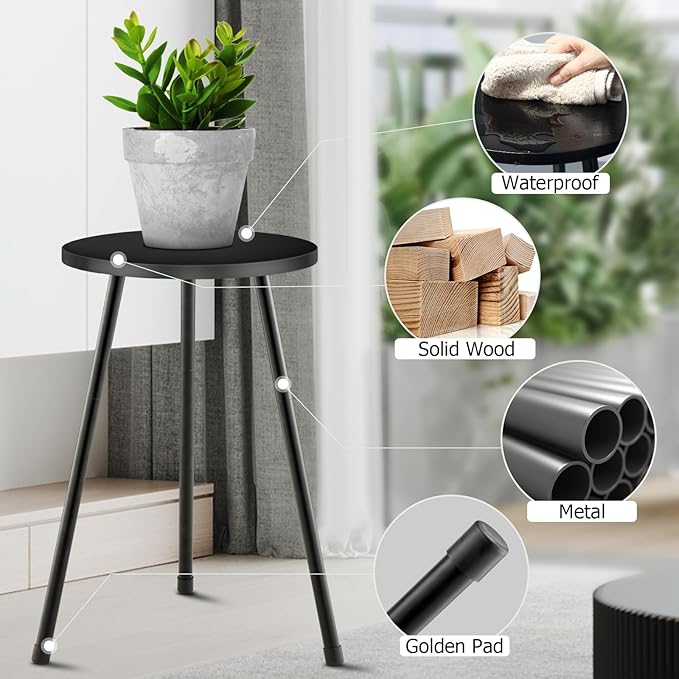 Black Tall Plant Stand Indoor Set of 2, Mid Century Wood Plant Table for Flower Pots, Metal Plant Holder, Modern Home Decor Small Round Side End Table (11.8"x20")