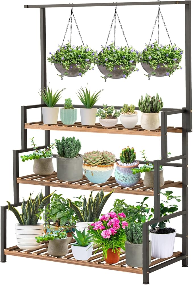 ULIKE 3-Tier Hanging Plant Stand – Wood & Metal Frame Indoor Outdoor Shelf for Patio, Balcony, Garden Multi-Purpose Plant Display | Carbonized Pine Wood | Sturdy Tall Rack for Potted Plants