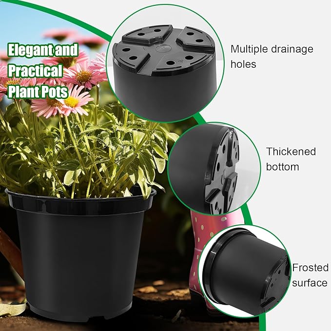 5 Gallon Pots with 20lbs Rocks, 12 Inch Plastic Nursery Pots with Drainage Holes, Round Sturdy Garden Pots with Stones, Deep Nursery Pots for Plants, Gardening Gifts for Women (10-Pack, Black)