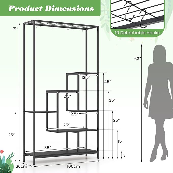 Giantex 71" Tall Plant Stand Indoor, 6-Tier Metal Plant Shelf with 10 Hanging Hooks, Multiple Potted Flower Bonsai Pots Display Rack for Indoor, Balcony, Living Room (Black)