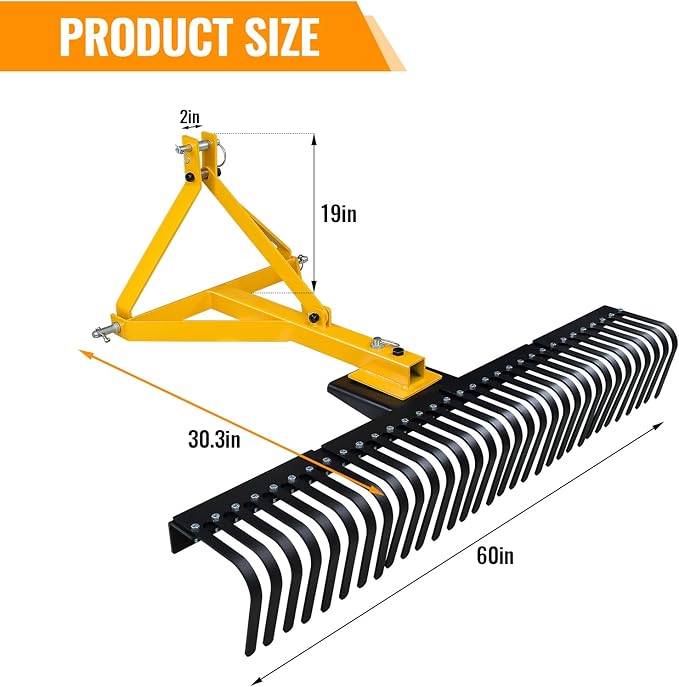60 Inch 3 Point Landscape Rake with Heavy Duty Tines and Pin Hitch Perfect for Category 1 Tractor, Lawn Tractor Rake Ideal for Lawn Care and Landscaping