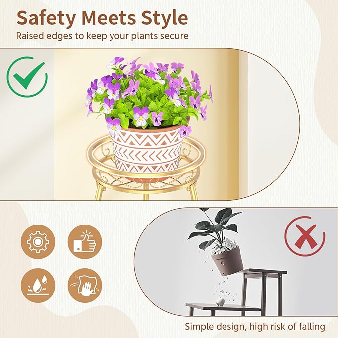 LASZOLA Gold 3 Tier Tall Plant Stand for Indoor Outdoor, Large Multiple Level Flower Planter Holder Organizer Rack for Patio Office Bathroom Corner Floor, Sturdy Heavy Duty Metal, Vertical Display