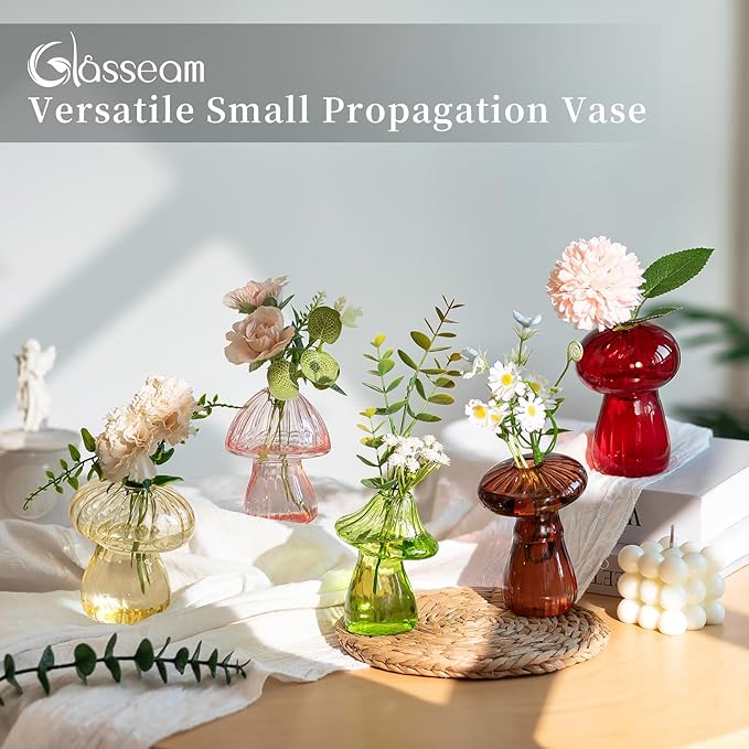 Glasseam Mushroom Plant Propagation Stations: Cute Glass Terrarium Jar Propagation Vase Set of 5 Hydroponic Planters for Home Room - Unique Colorful Mushroom Decor Gifts for Plant Lovers