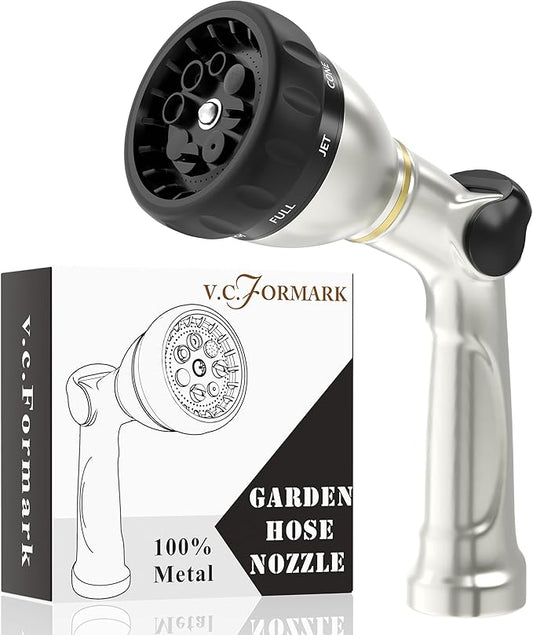 V.C Formark Heavy Duty Metal Garden Hose Nozzle,Thumb Control with 8 Patterns (Jet, Mist, Shower, Soaker),High Pressure & Anti-Leak for Lawn, Plant Watering, Car Washing, Pet Bathing,Window Cleaning