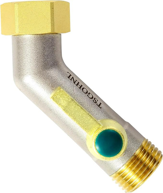 135 Degree Full Flow Garden Hose Shutoff Valve, 3/4-Inch Heavy Duty Brass Garden Hose Elbow Connector, Leak-Free Hose Adapter for Outdoor Faucets and RV Spigot Extenders