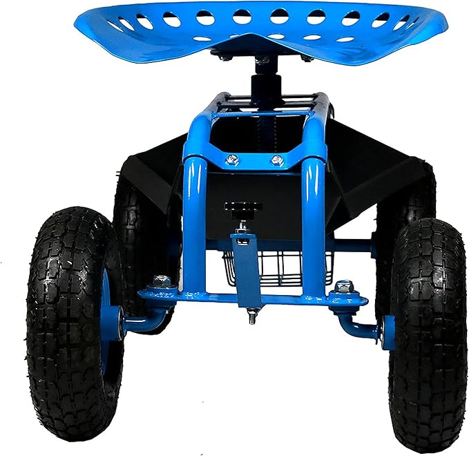 Sunnydaze Rolling Garden Cart with Seat - Garden Stool with Wheels and Adjustable 360-Degree Swivel Seat - Utility Tool Tray and Storage Basket - Blue