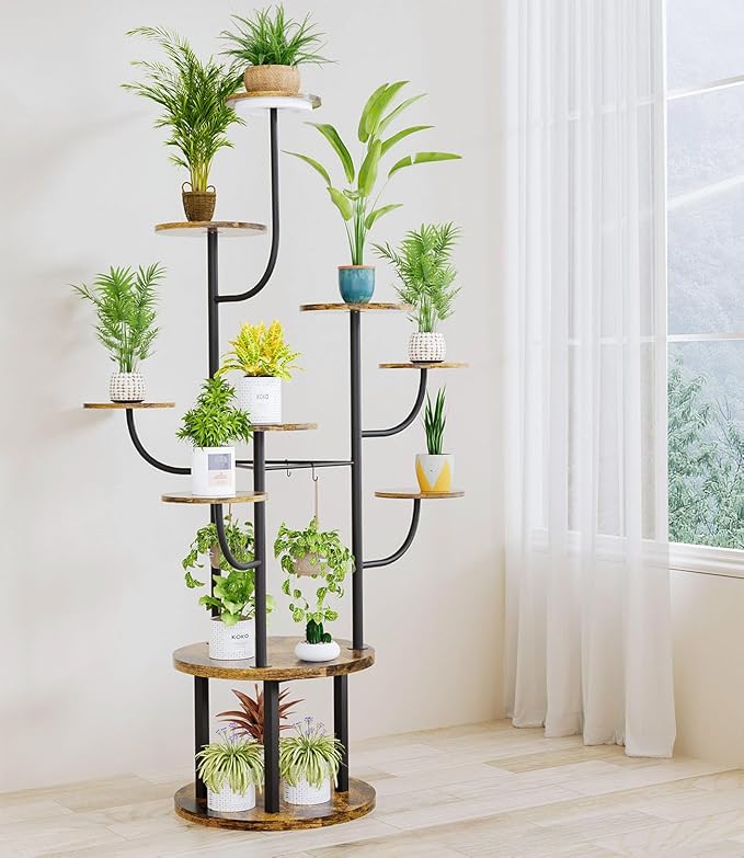 60" Tall Indoor Plant Stand with Grow Light 10 Tiered Adjustable,Large Metal Rotating Plant Shelf for Multiple Plant Display, Flower Holder Stand for Living Room,Bedroom,Office,Balcony