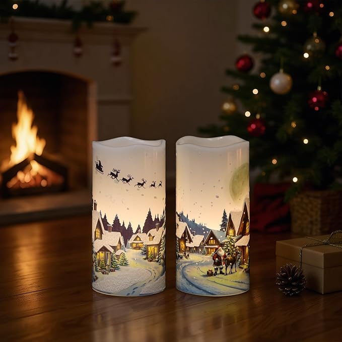 GenSwin Christmas Flameless Candles with Remote Timer, Set of 2 Christmas LED Battery Operated Pillar Candles with Snow House, Santa, Reindeer Decals for Holiday Winter Party Home Decor(D3” x H6”)