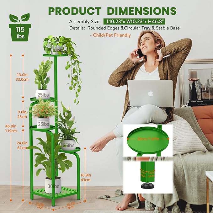 TOSKING 5 Tier Tall Plant Stand Indoor Outdoor, Heavy Duty Corner Shelf for Plants & Christmas Home Decor, Space Saving 3.9FT Metal Flower Pot Stand for Balcony, Garden, Living Room, Patio (Green, 47in)