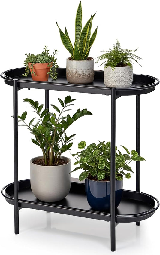 Large Metal 2-Tier Plant Stand – Sleek Black Indoor/Outdoor Flower Pot Shelf with Oval Trays, Space-Saving Modern Storage Rack for Plants, Decor, or Small Furniture Accent
