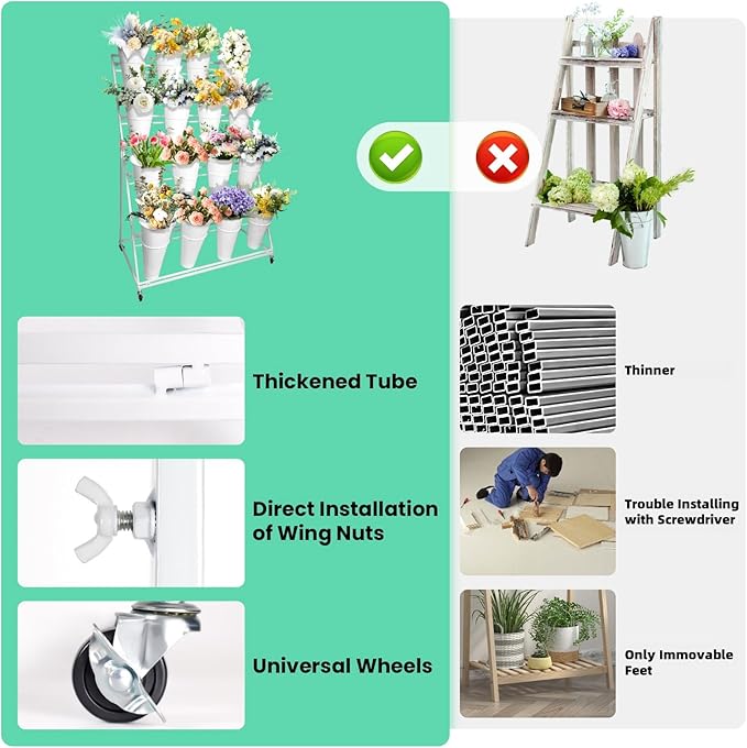 Flower Display Stand with Buckets, 4 Layers 16PCS Buckets Metal Flower Cart Display Stand with Wheels, for Patio Garden, Living Room (4 Layers White Round Bucket)