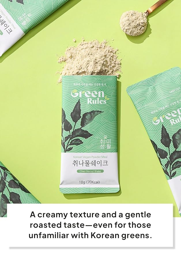 Korean Food Greenrules Korean Grain Shake with Chwinamul – Plant-Based Meal Mix Powder, 10 Single-Serve Stick Packs, 취나물 미숫가루