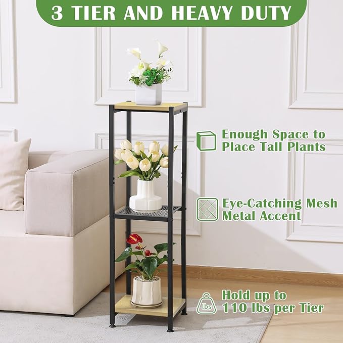 Extra Tall Plant Stand Indoor,40 Inch Plants Stands,3 Tier Metal Plant Stand with Heavy Duty Wood and Metal Mesh Shelf,Yellow Oak and Black