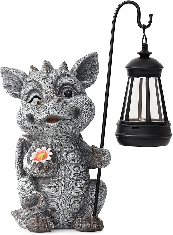 Garden Figurines Dragon Statue Decorations - Solar ResinDragon with Solar Garden Lights Outdoor Decorations for Patio,Yard,Lawn,