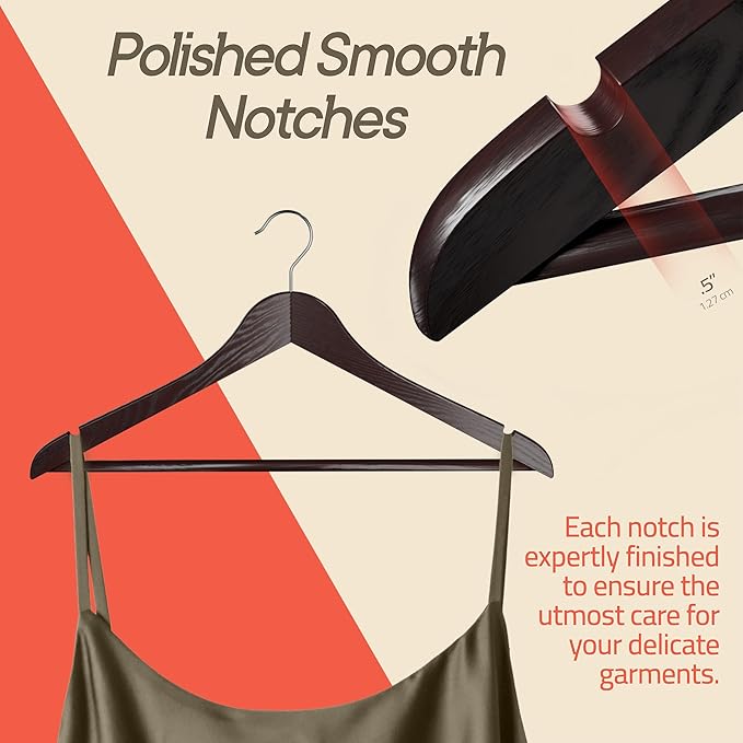Cherry Wooden Hangers 10 Pack – Heavy-Duty with 360° Swivel Hook, Non-Slip, Pants Bar & Shoulder Grooves - Wooden Hangers for Suits, Jackets, Dresses & Camisoles, Space-Saving and Smooth Finish