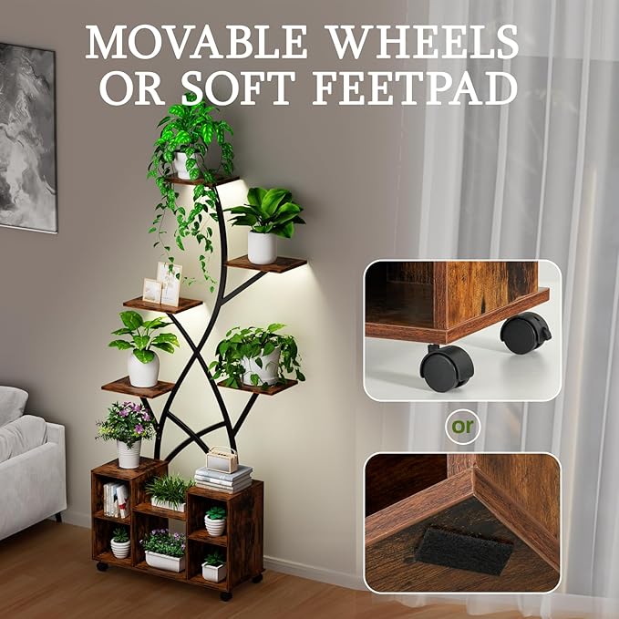 Artswish 63” Plant Stand Indoor with Grow Lights & Wheels, Metal Plant Shelves, 8-Tier Lighted Plant Stands for Multiple Plants, Corner Plant Holder, Metal Flower Rack for Home, Patio, Rustic Brown